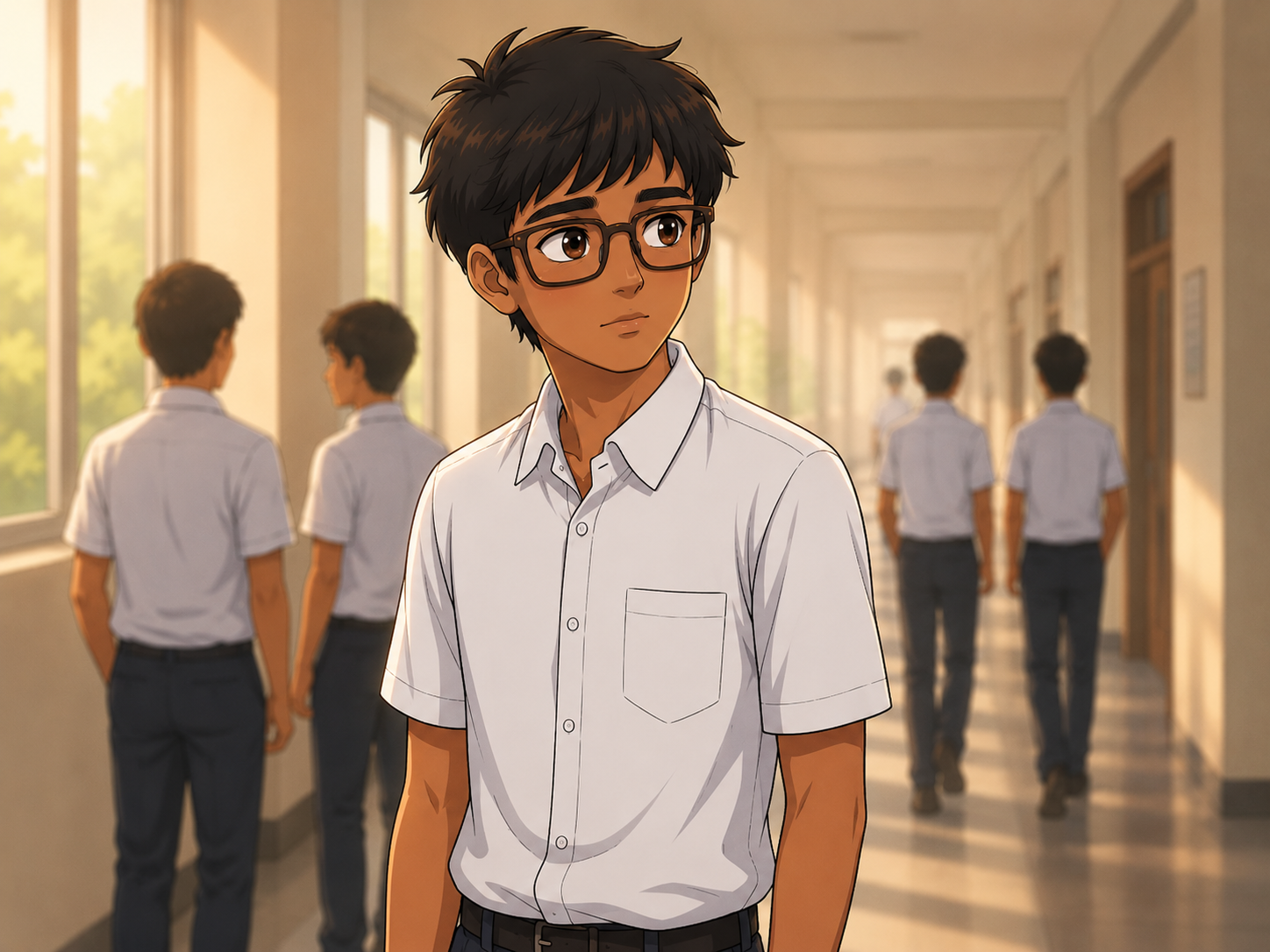 Shifas standing thoughtfully in a school corridor