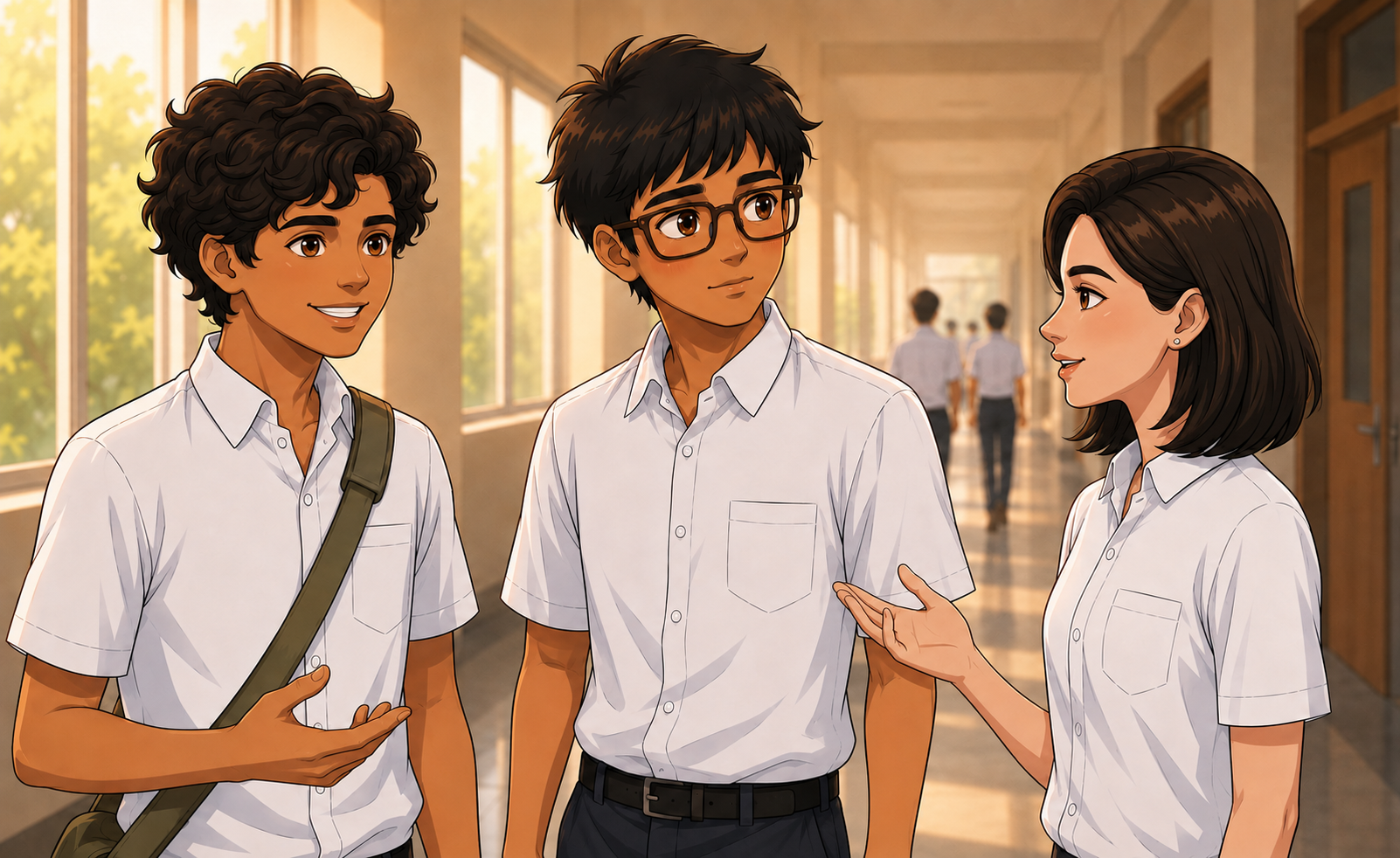 Arav, Shifas and Lulu talking together in the hallway