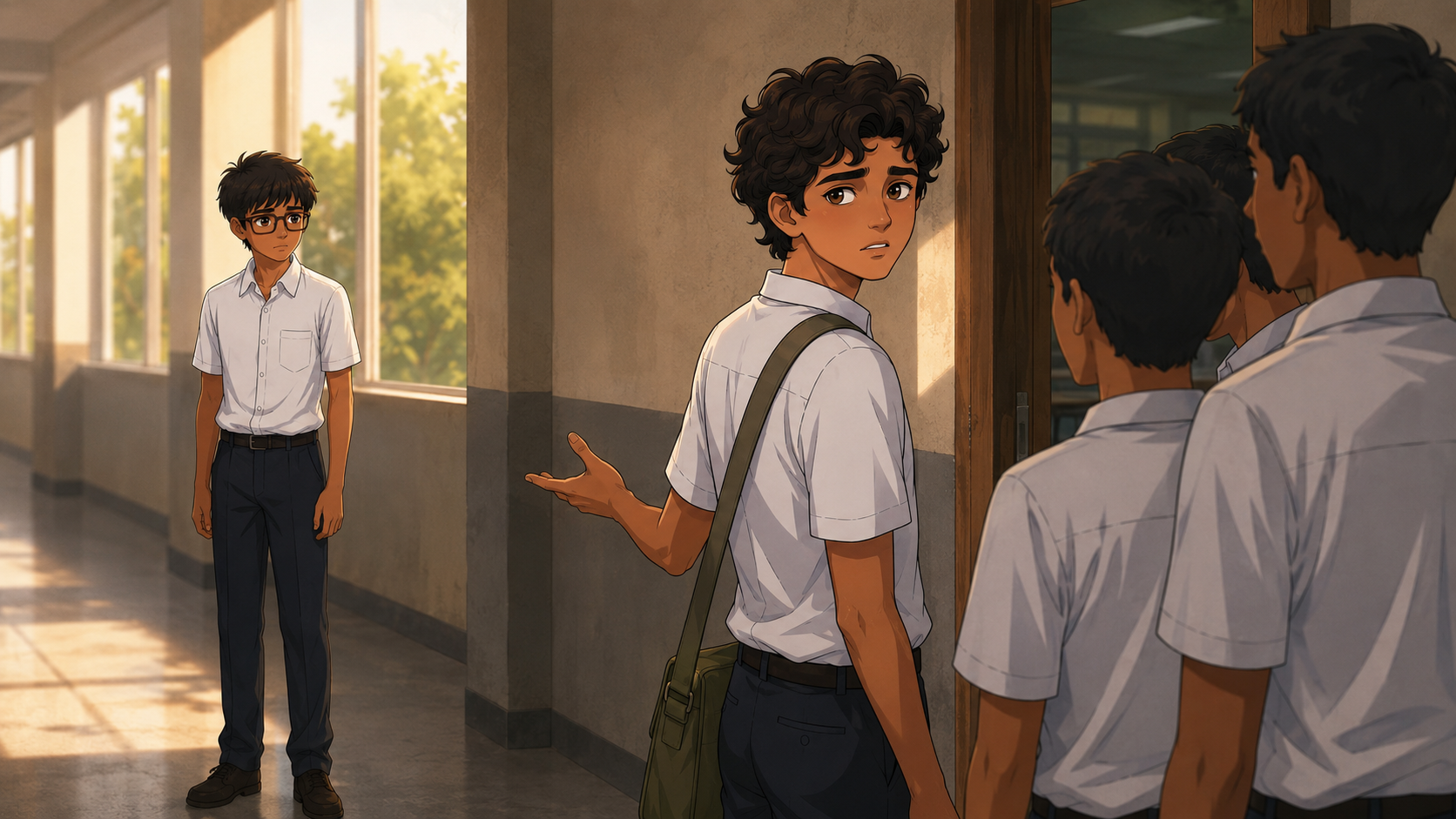Arav looking back while Shifas stays behind during the class conflict